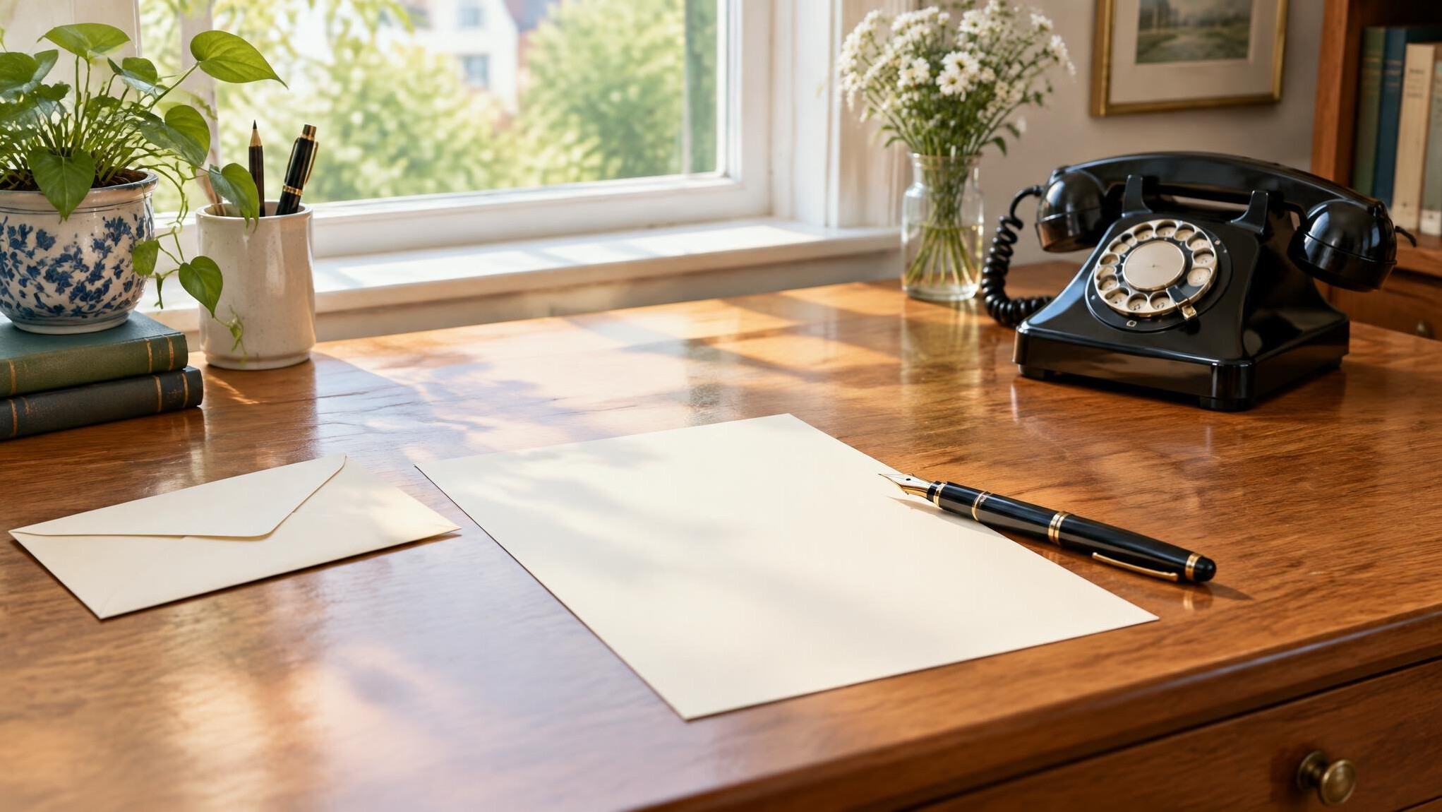 Writing a letter with a pen next to a telephone