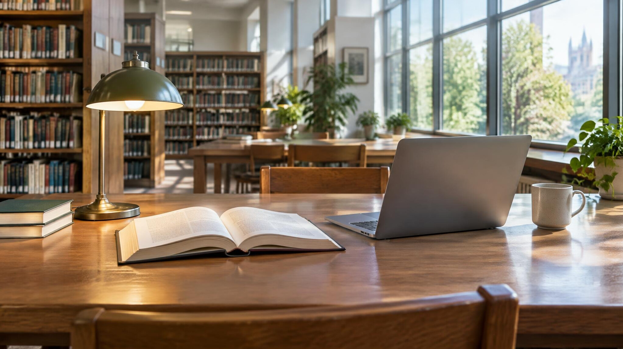 Open book beside a laptop on a library table